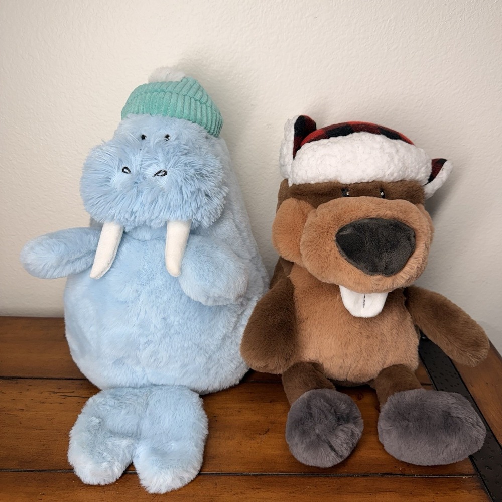 GiggleScape LIGHT BLUE WALRUS WITH HAT 12", Beaver, Stuffed Animal Toy, Lot Of 2